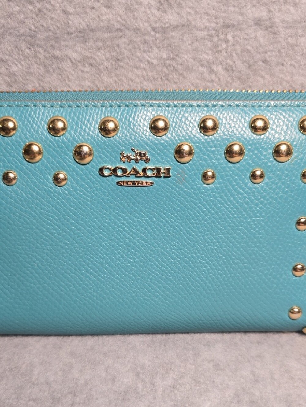 Coach Accordion Zip Wallet Cadet Blue with Gold Studs - Picture 2 of 16